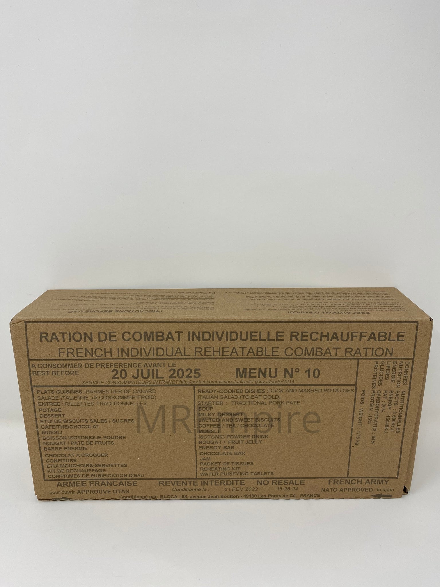 Pack de rations MRE 24h de l'armée française (menu 12)